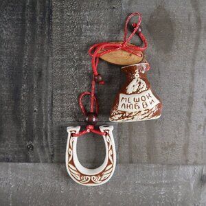 Ukranian Clay Good Luck Charm with Horseshoe and Small Bag Hanging Decor Ceramic